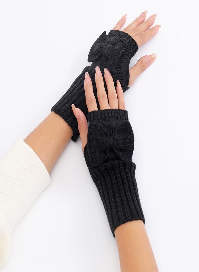 CABODYALS 2 Pairs Black Thumb Hole Gloves Winter Soft Bowknot Arm Warmers Sleeves Knitted Crochet Fingerless Knit Hand Wrist Mittens Bulk for Women Painting Texting Driving Keyboard Cycling Supplies - Image 4